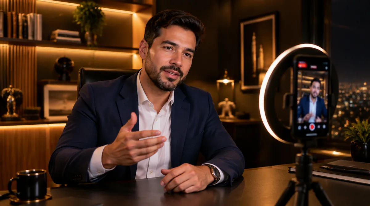 Médico gravando um Reels com o celular no tripé, no próprio consultório